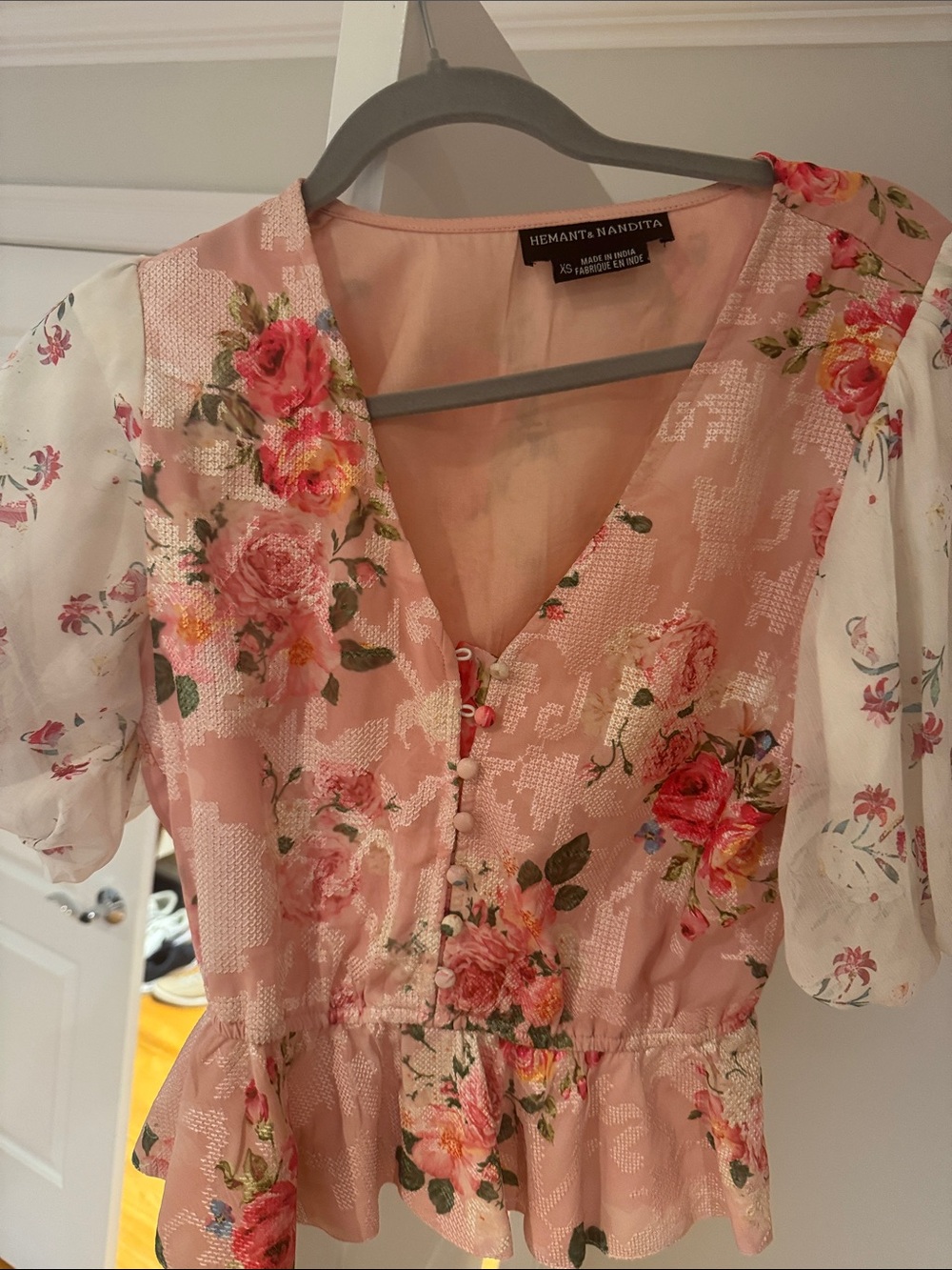 HEMANT & NANDITA Pink Floral V-Neck Peplum Top Dress
